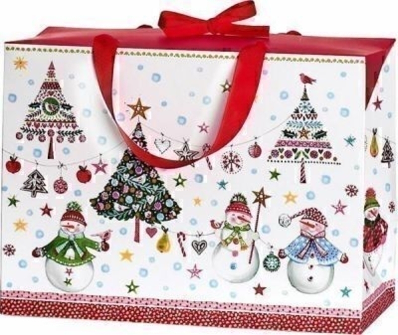Snowman and Christmas Tree Gift Bag Large Landscape Snowman and Christmas Tree Gift Bag Jesper Medium by Stewo. This quality gift bag by Swiss designers Stewo will not disappoint. It has all the quality and detailing you would expect from Stewo. This gift bag is made from thick card. Top part of this box f